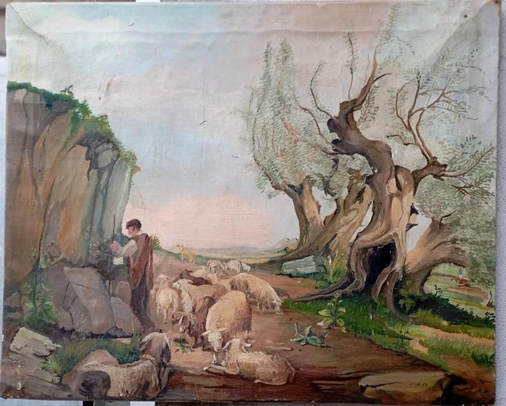 Vintage pastorale olieverfschilderij (restauratie project), Antiek en Kunst, Kunst | Schilderijen | Klassiek, Ophalen of Verzenden