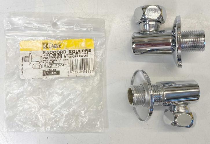 2 hoekstopventielen DELABIE 836020 M1/2 - F3/4, Doe-het-zelf en Bouw, Sanitair, Nieuw, Kraan, Chroom, Ophalen of Verzenden