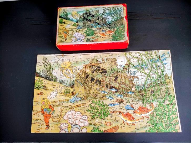 1952 Kuifjesbon puzzel "Schat van Scharlaken Rackham"+doos, Verzamelen, Stripfiguren, Gebruikt, Overige typen, Kuifje, Ophalen of Verzenden
