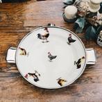 Assiette thermique en porcelaine et métal argenté décor coqs, Ophalen of Verzenden