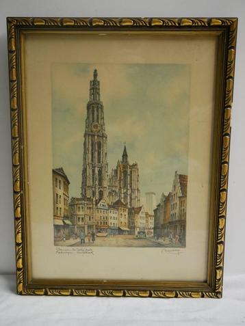 Kleurenlithografie Barday; Kathedraal Antwerpen beschikbaar voor biedingen