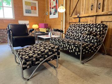 Stijlvolle Dyker tweezitsbank, met hocker én fauteuil, Enlèvement, Utilisé, Tissus, Vintage Mid Century