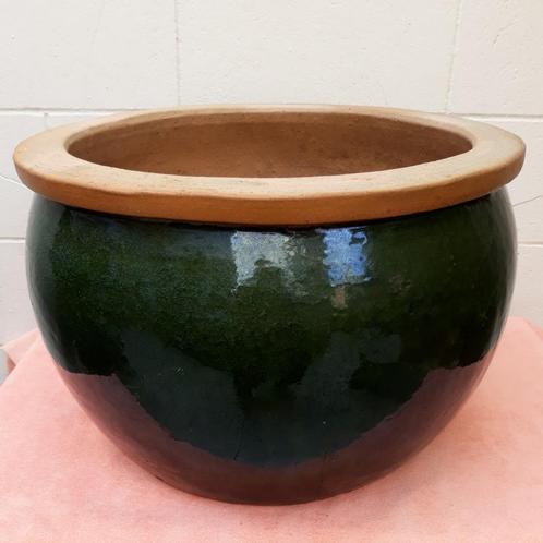keramieken donkergroene bloempot terracotta boord, Tuin en Terras, Bloempotten, Zo goed als nieuw, Terracotta, Binnen, Balkon