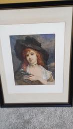 Aquarel Dame met hoed  (Edouard Hamman ), Antiek en Kunst, Kunst | Schilderijen | Klassiek, Ophalen of Verzenden