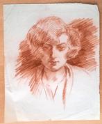 A93-9 Oude tekening Portret dame en face - met watermerk, Antiek en Kunst, Ophalen of Verzenden