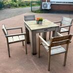 Houten tafel met 4 teaken stoelen, Tuin en Terras, Ophalen, Gebruikt, Eettafel, 4 zitplaatsen