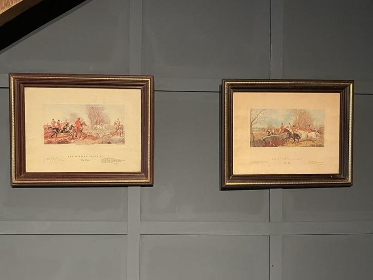 Oude prenten jachttafereel, Antiek en Kunst, Kunst | Schilderijen | Klassiek, Ophalen of Verzenden