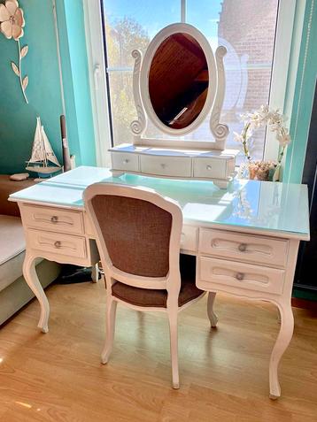 Elegante bureau uit massieve eik met glazen bovenblad beschikbaar voor biedingen