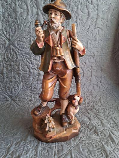 Houten beeld Jager met hond, Antiquités & Art, Curiosités & Brocante, Enlèvement ou Envoi