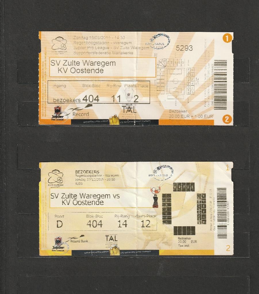 4 tickets (utilisés) SV Z Waregem - KV Oostende, 2015-2016, Collections, Articles de Sport & Football, Utilisé, Autres types, Enlèvement ou Envoi