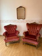 2 fauteuils – fluwelen salonzetels met houtsnijwerk, Maison & Meubles, Fauteuils, Enlèvement, Utilisé, Bois, 75 à 100 cm
