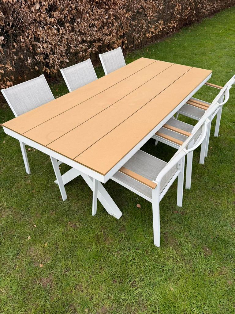 Wit tuinset Vinci tafel en 6 stoelen, Jardin & Terrasse, Enlèvement, Comme neuf, Bois de teck, Salons de jardin