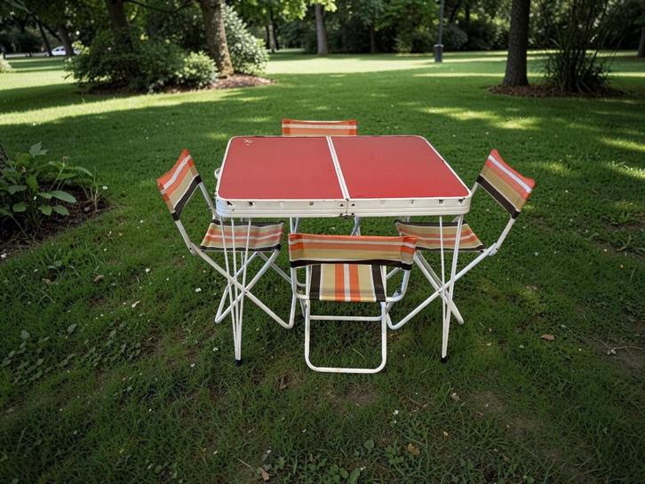 set de camping vintage : table et 4 chaises, Caravanes & Camping, Meubles de camping, Utilisé, Enlèvement
