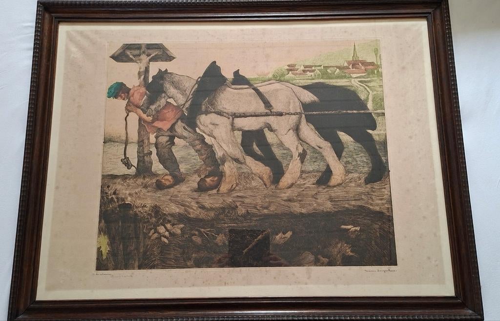 Maurice Langaskens kleurenets Le calvaire e.a. (60x50), Antiek en Kunst, Ophalen, Ets