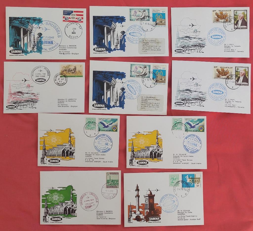 SABENA FDC 1e vlucht enveloppen (10), Ophalen of Verzenden, Gestempeld, 1e dag stempel, Luchtvaart