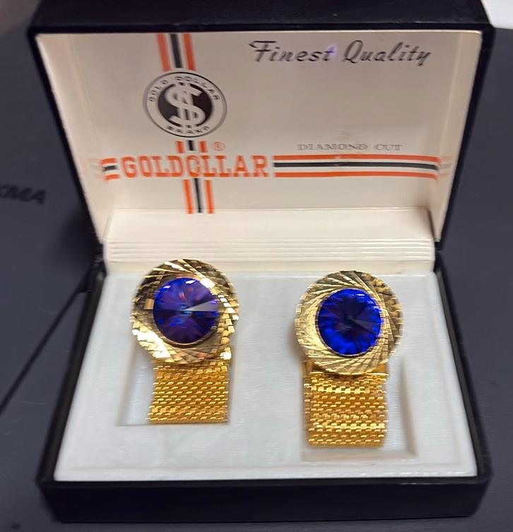 Vintage Gold Dollar manchetknopen met blauwe steen –, Bijoux, Sacs & Beauté, Boutons de manchette, Comme neuf, Pierre, Doré, Enlèvement ou Envoi