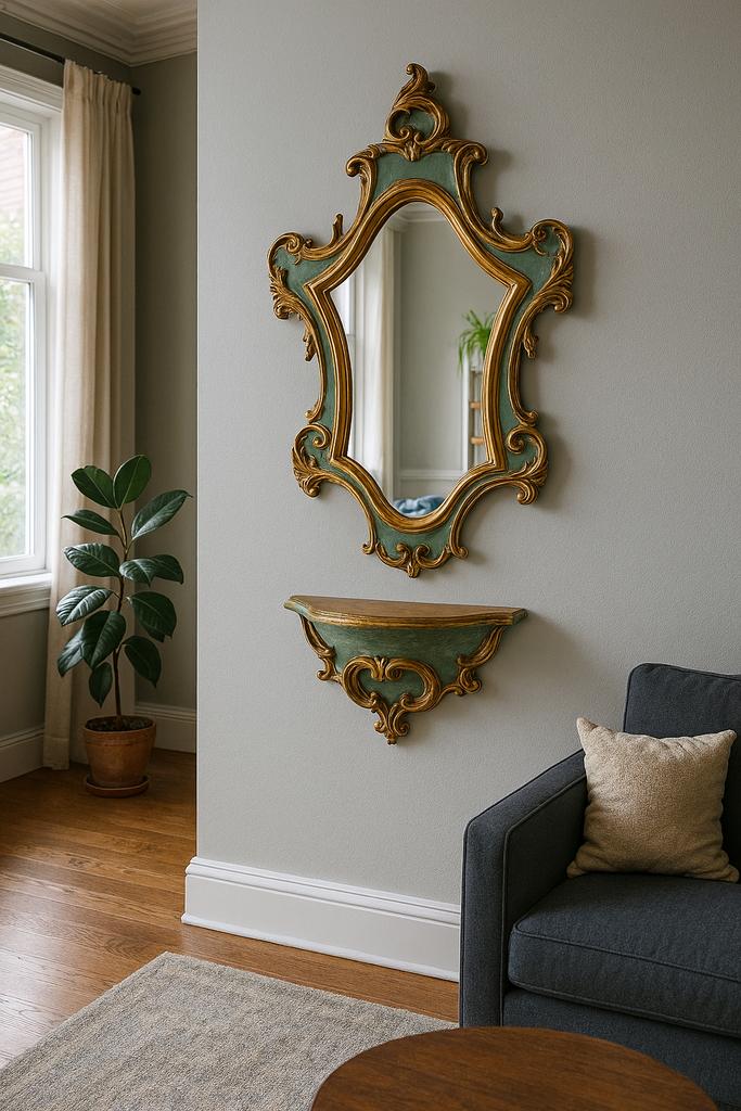 Miroir mural rococo vintage avec console — bois doré, Antiquités & Art, Enlèvement