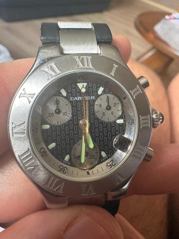 Horloge Cartier 21 Chronoscaph 2424, Handtassen en Accessoires, Horloges | Heren, Gebruikt, Polshorloge, Overige merken, Staal