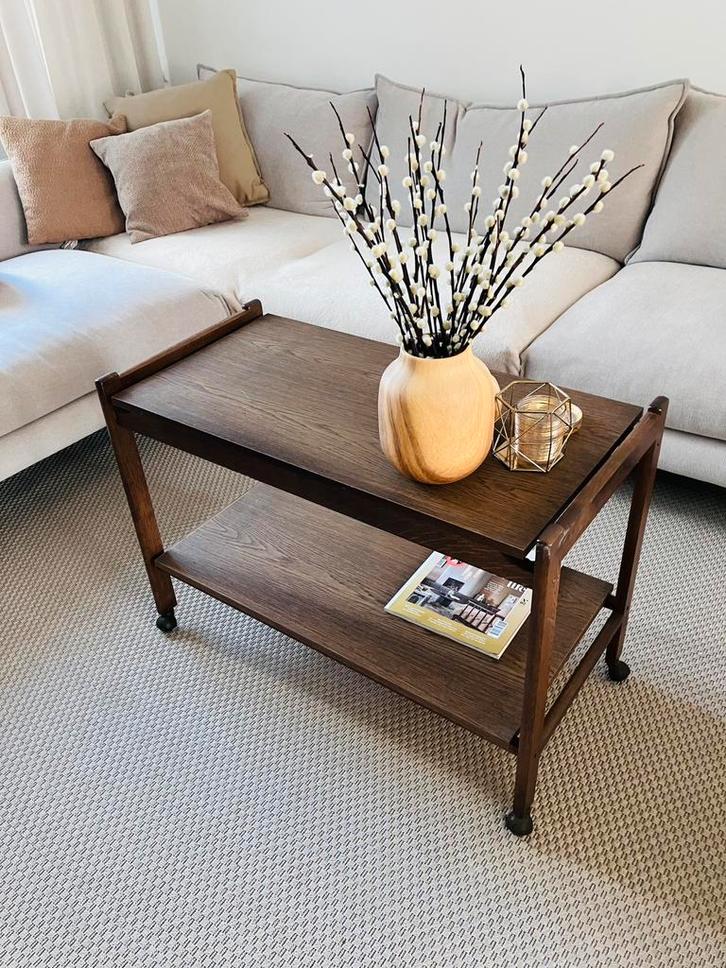 stijlvolle vintage houten serveerwagen met wieltjes, Maison & Meubles, Tables | Tables d'appoint, Comme neuf, Rectangulaire, 45 à 60 cm