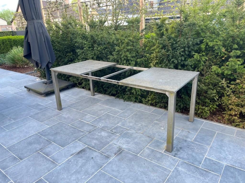 Tuintafel Inox/graniet - 210cm op 90cm, Tuin en Terras, Ophalen, Gebruikt, Rechthoekig, Rvs