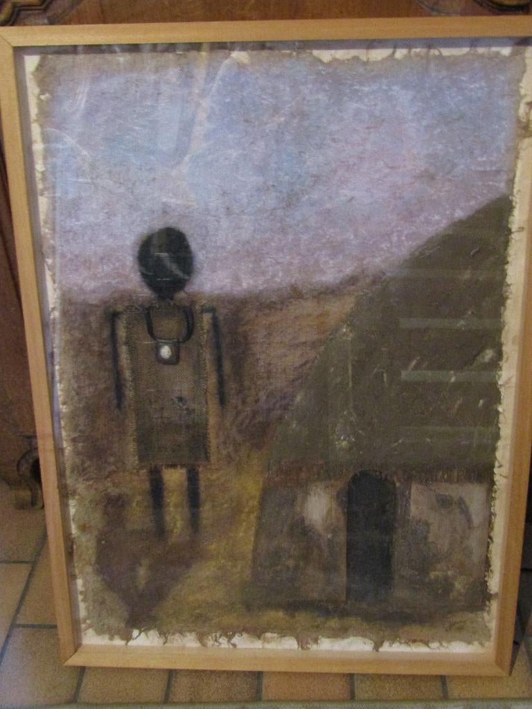 Unique Tableau "technique" mixte peinture et collage, Enlèvement