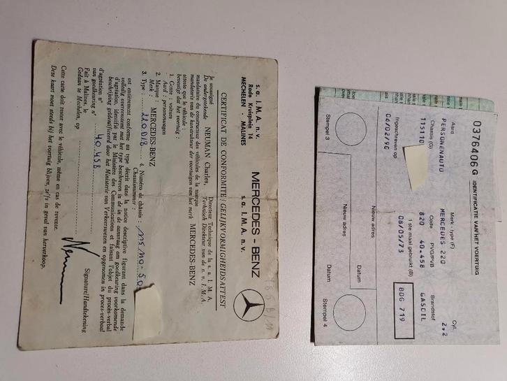 Inschrijvingsbewijs + gelijkvormigheid Mercedes w115, Auto-onderdelen, Overige Auto-onderdelen, Mercedes-Benz, Oldtimer onderdelen