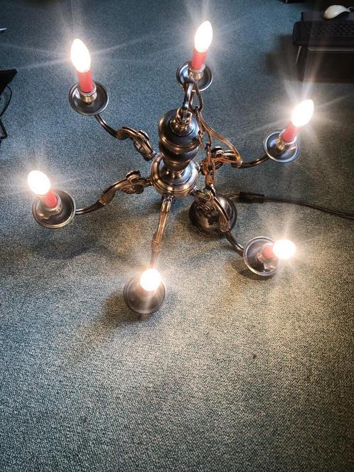 lustre rustique en étain comprenant 6 lampes transparentes E, Maison & Meubles, Lampes | Lustres, Comme neuf, Métal, Enlèvement