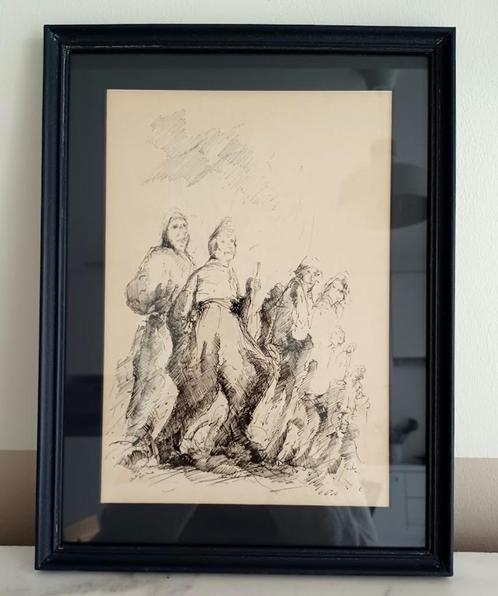 Pentekening. Figuratief. '50-'60. Gesigneerd., Antiek en Kunst, Kunst | Etsen en Gravures, Ophalen of Verzenden