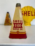 Bidon conique d'huile moteur SHELL X-100, Collections, Utilisé, Enlèvement ou Envoi, Panneau publicitaire