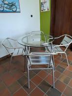 Tafel met blad in glas en 4 alu stoelen, Ophalen, Gebruikt, 100 tot 150 cm, Rond