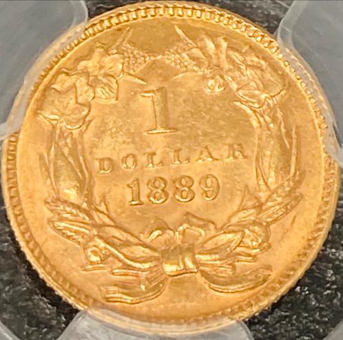 Gouden 1 Dollar 1889 Indiaan in PCGS-slab, Postzegels en Munten, Munten | Amerika, Losse munt, Midden-Amerika, Goud, Ophalen of Verzenden