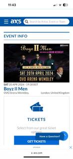 2 tickets VIP pour  Boyz 2 men O2 Arena Londres 20/04, Tickets & Billets, Deux personnes, Avril