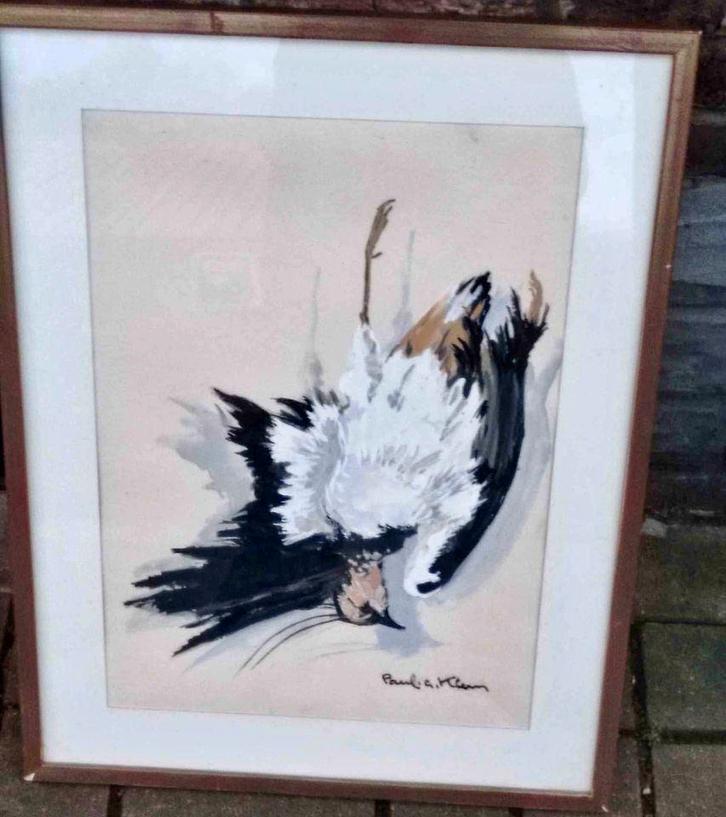 Gouache nature morte à l oiseau signe Paul Georges Klein, Antiek en Kunst, Kunst | Schilderijen | Klassiek, Ophalen of Verzenden