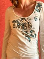 T-shirt long écru à fleurs turquoises, Taille 36 (S), Porté, Manches longues, Enlèvement ou Envoi