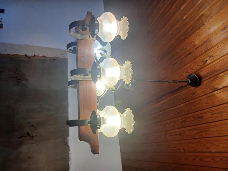 Houten luster met 6 lampen, Huis en Inrichting, Lampen | Hanglampen, Gebruikt, Minder dan 50 cm, Ophalen