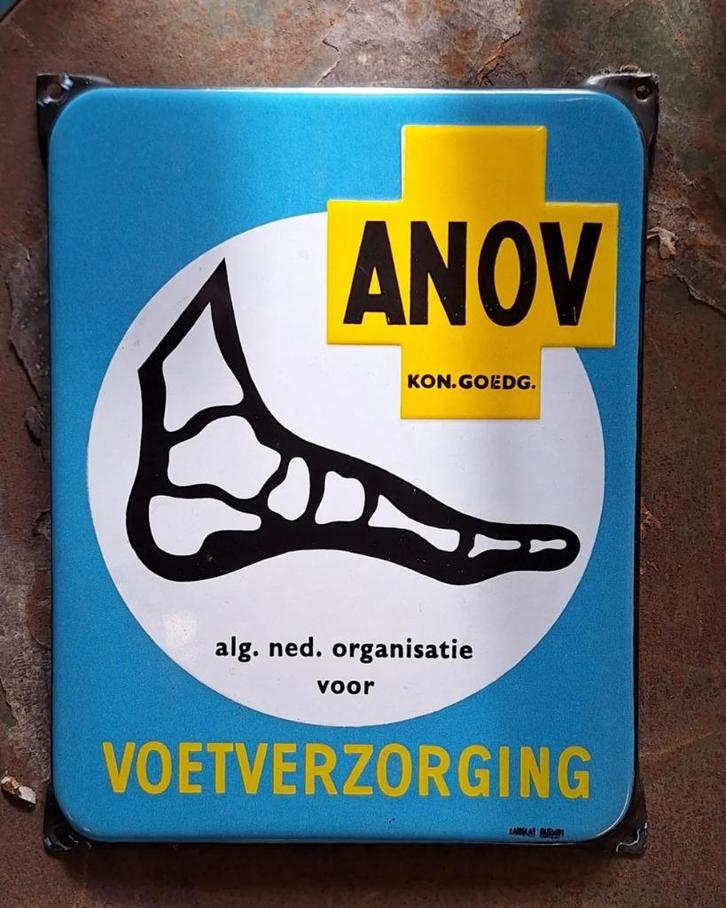 Mint emaille bordje Anov voetverzorging 🦶 Langcat Bussum., Verzamelen, Merken en Reclamevoorwerpen, Gebruikt, Reclamebord, Ophalen of Verzenden