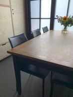 Verlengbare eettafel met leren stoelen(6-10 personen), Huis en Inrichting, Ophalen, Gebruikt, Eikenhout, 200 cm of meer