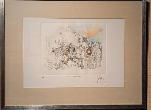 André Colpin, “La Vente Publique”, ingekleurde ets 42x54cm, Antiek en Kunst, Kunst | Etsen en Gravures, Ophalen of Verzenden