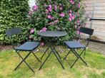 Zwarte bistroset incl zitkussens en verstevigde poten, Zo goed als nieuw, Stoel, Tuinset, Ophalen
