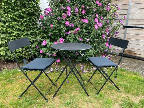 Zwarte bistroset incl zitkussens en verstevigde poten, Tuin en Terras, Tuinsets en Loungesets, Zo goed als nieuw, Tuinset, 2 zitplaatsen