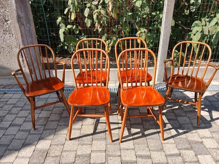 Set van 6 vintage spijlenstoelen design mid century, Tuin en Terras, Tuinstoelen, Gebruikt, Hout, Ophalen