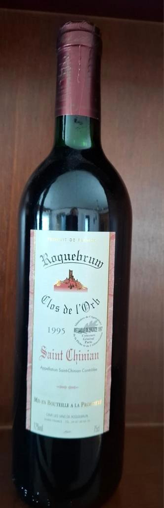 Bouteille Roquebrun Clos de l'Orb Saint-Chinian 1995, Collections, Vins, Comme neuf, Enlèvement ou Envoi