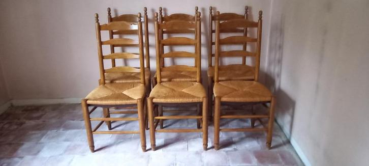 Provençaalse eetkamerstoelen (6) in eik - biezen zitting, Huis en Inrichting, Stoelen, Gebruikt, Hout, Bruin, Ophalen