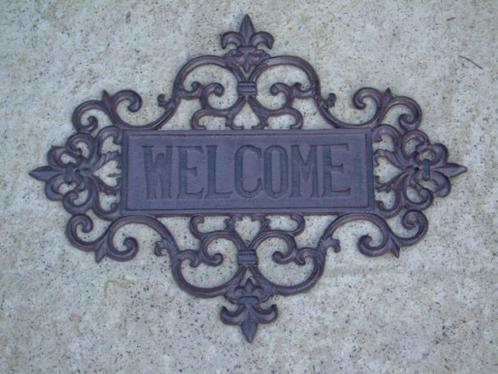 Welkomstbord fronton, bruine gietijzeren decoratie., Tuin en Terras, Tuinwanddecoratie, Nieuw, Ophalen