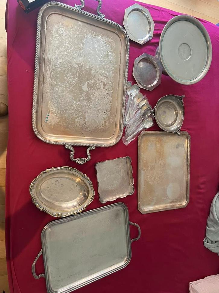 Te koop :lot verzilverde schalen, lepels en dienbladen, Antiek en Kunst, Antiek | Keukengerei, Ophalen