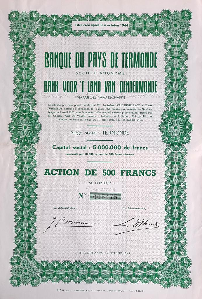 Bank Voor 't Land Van Dendermonde, Timbres & Monnaies, Actions & Titres, Action, 1920 à 1950, Enlèvement ou Envoi