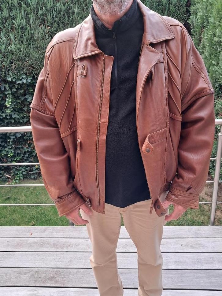 Bruine leren jas maat XL-54, Kleding | Heren, Kostuums en vesten, Zo goed als nieuw, Maat 52/54 (L), Bruin, Ophalen