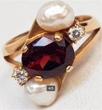 Ring vintage briljant parel granaat 18 kt., Ophalen of Verzenden, Goud, Ring, Met edelsteen