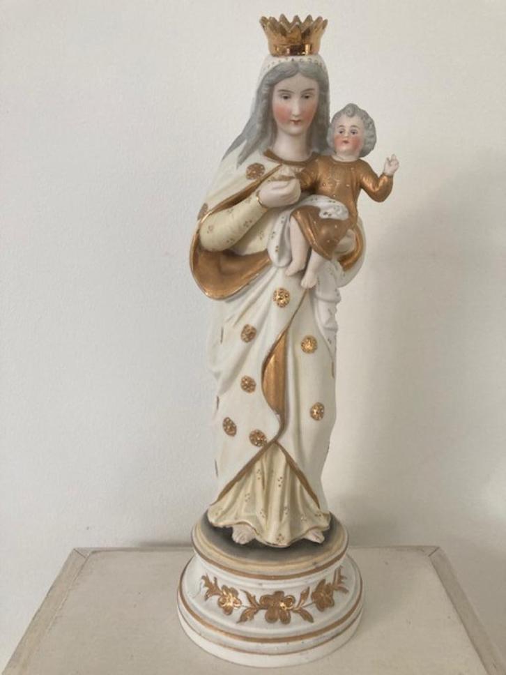 Beeld Maria in biscuit met goudverf (30 cm), Antiek en Kunst, Antiek | Religieuze voorwerpen, Ophalen of Verzenden