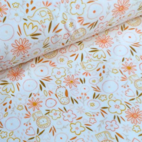 Promo! 4221) 155x50cm Nicky velours bloemetjes diertjes wit, Hobby en Vrije tijd, Stoffen en Lappen, Nieuw, Katoen, 30 tot 120 cm
